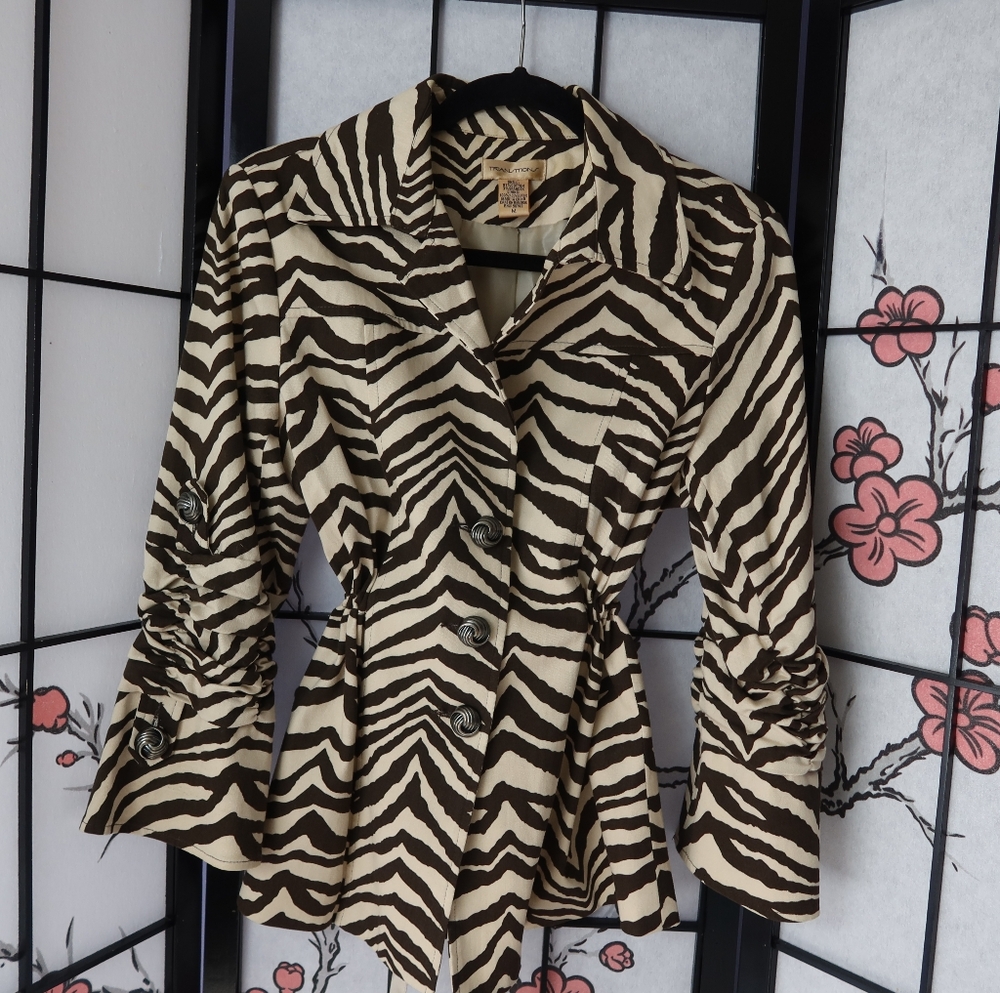 Transitions Zebra Print Women's Button Up Jacket Large Collar Size Medium
